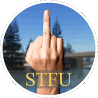 a person 's hand is giving the middle finger and the word stfu is on the bottom