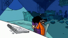 a cartoon character is sitting at a desk in a bedroom