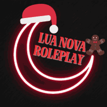 a logo for lua nova roleplay with a santa hat and gingerbread man