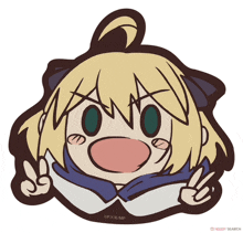 a sticker of a girl giving a peace sign says hobby search on the bottom