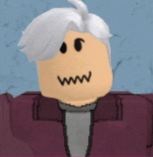 a roblox character with white hair and a gray shirt making a funny face