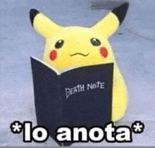 a pikachu stuffed animal is reading a book called death note .