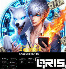 a man with blue eyes is holding a cell phone in front of a wolf that is on fire