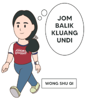 a cartoon of a woman wearing a johor bangkit shirt is walking