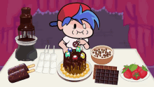 a cartoon of a boy sitting at a table with a cake and chocolate