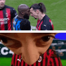 a soccer player kissing another player on the forehead while another player looks on .