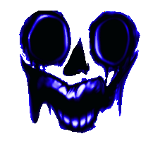 a drawing of a skull with black eyes and blue teeth