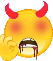 a yellow smiley face with red horns and blood coming out of its mouth