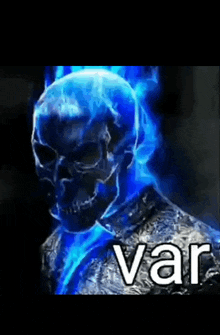 a picture of a ghost rider with blue flames coming out of his head