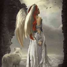 a woman with red hair and white wings is standing next to a wolf