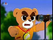 a cartoon teddy bear is looking through binoculars while wearing a medal .