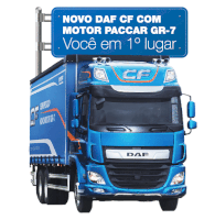 a blue daf truck with a sign above it that says novo daf cf com motor paccar gr-7 você em 1o lugar