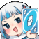 a pixel art of a girl holding a blue card with a circle on it .