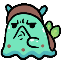 a cartoon drawing of a green ghost with a brown hat on