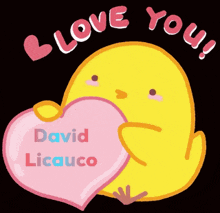 a yellow chick holding a pink heart that says love you