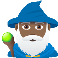 a wizard with a blue cape and a white beard holds a green ball