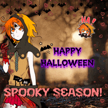 a happy halloween spooky season poster with a girl in a hood