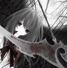 a girl with long hair is holding a sword that says revolution revolution