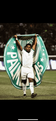 a soccer player holds up a green and white palmeiras logo