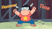 a cartoon character is holding two hammers with the words " hammer time " behind him