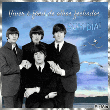 a picture of the beatles with the words bom dia