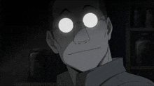 a black and white drawing of a man with glasses and glowing eyes