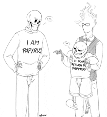 a black and white drawing of a skeleton wearing a shirt that says i am papyrus