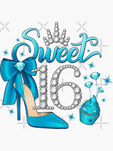 a sweet 16 t-shirt with a blue high heel , cupcake , crown and pearls .