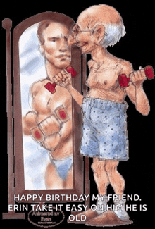 a cartoon of an older man lifting dumbbells and looking at his reflection in a mirror