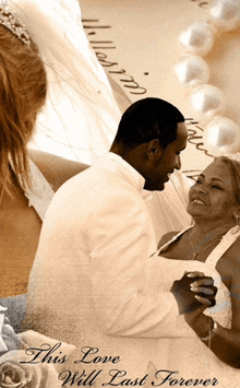 a bride and groom are dancing in front of a sign that says this love will last forever