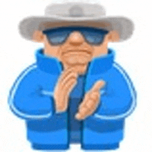 a cartoon man wearing a hat , sunglasses and a blue jacket is clapping .