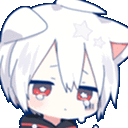 a cartoon character with white hair and red eyes is wearing a cat ear .