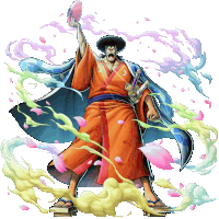 a cartoon of a man in a kimono holding a sword and a hat