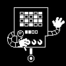 a black and white pixel art drawing of a calculator with a hand reaching out .