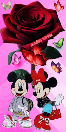 an animated picture of mickey mouse and minnie mouse with a red rose and butterflies by anita cruz