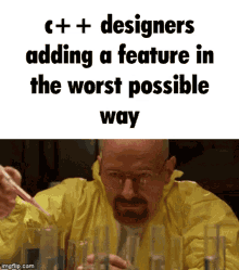 a picture of a man in a yellow jacket with a caption that says c++ designers