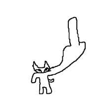 a black and white drawing of a cat holding a finger up .