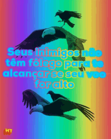 a rainbow background with three eagles and the words " seus inimigos não tem falego para to alcançar so seu voo "