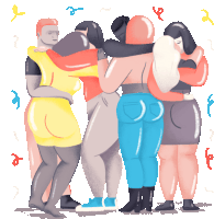 a drawing of a group of people hugging each other with the letter f in the middle