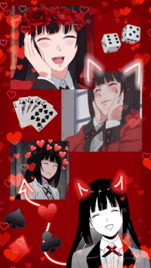 a girl with a cat ear surrounded by hearts