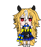 a drawing of a girl with long blonde hair and red eyes wearing a blue and yellow outfit .