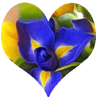 a heart shaped painting of a blue flower with yellow centers