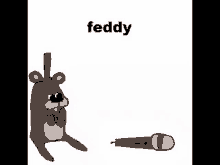 a cartoon of a bear standing next to a microphone with the word feddy on it .