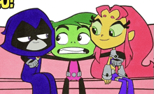 a cartoon of raven beast boy and starfire with the word teen titans on the bottom