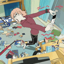 a cartoon of a girl in a messy room with a book that says ' a ' on it