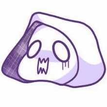 a purple and white cartoon drawing of a ghost with a hood and tears coming out of its eyes .