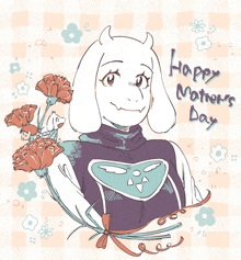 a drawing of a woman holding a bouquet of carnations with the words happy mother 's day written below her