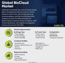 a flyer for the global biocloud market shows the market segmentation by biology type