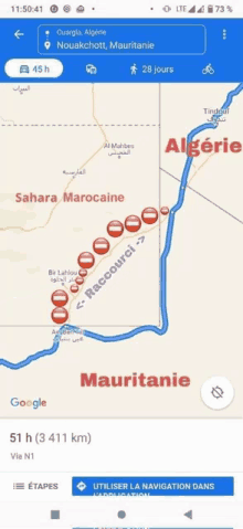 a screenshot of a google map showing the distance to mauritanie