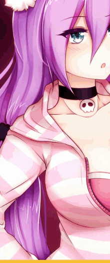 a girl with purple hair is wearing a choker and a skull necklace